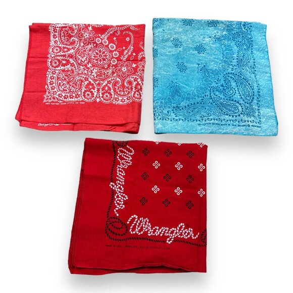 VTG WRANGLER COWBOY ROPE Western USA Red Cotton Biker BANDANA Hanky Lot Of 3 - Picture 1 of 9